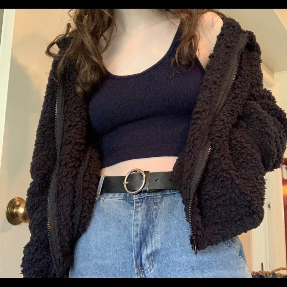 XS black sherpa cropped hoodie